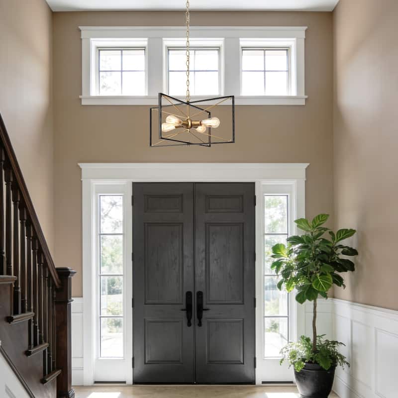 Modern 4-Light Black Gold Chandelier Square Pendant Light for Dining Room - 23.5" L x 22.5" W x 13" H