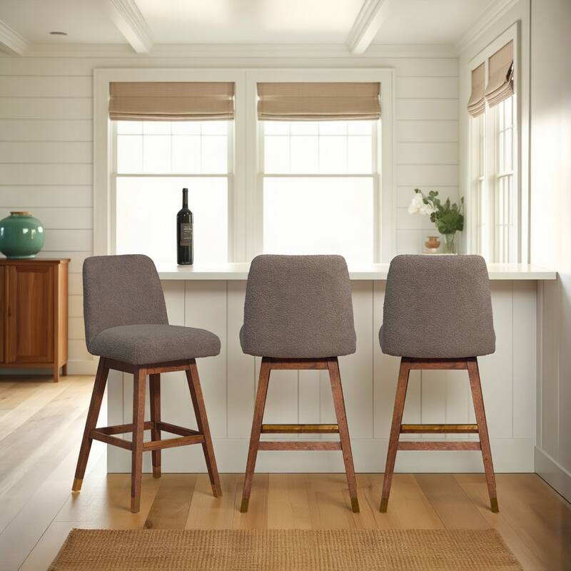 Amalie Upholstered Bar Stool, Swivel Counter Chair with Solid Wood Frame - Set of 3 - Taupe Boucle - Bar Height