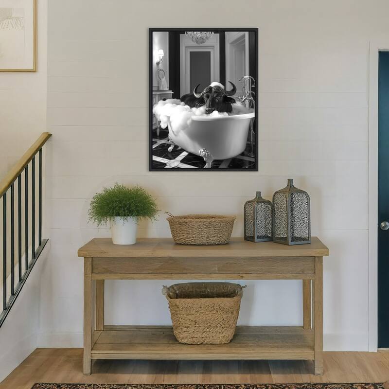 Rub a Dub Buffalo by Niky Rahner Framed Canvas Wall Art