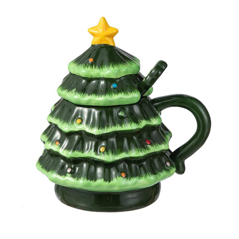 Glitzhome Christmas Dolomite Santa & Snowman or Tree Mug with Lid and Spoon