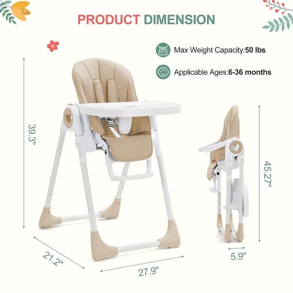 dimension image slide 2 of 3, Foldable High Chairs for Babies and Toddlers with 7 Height and 5 Recline Adjustable Backrest