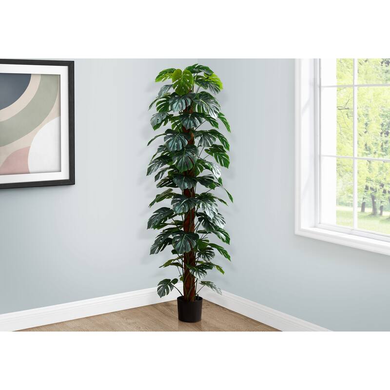Artificial Plant, 83" Tall, Monstera Tree, Floor, Indoor, Decorative, Green Leaves, Black Pot