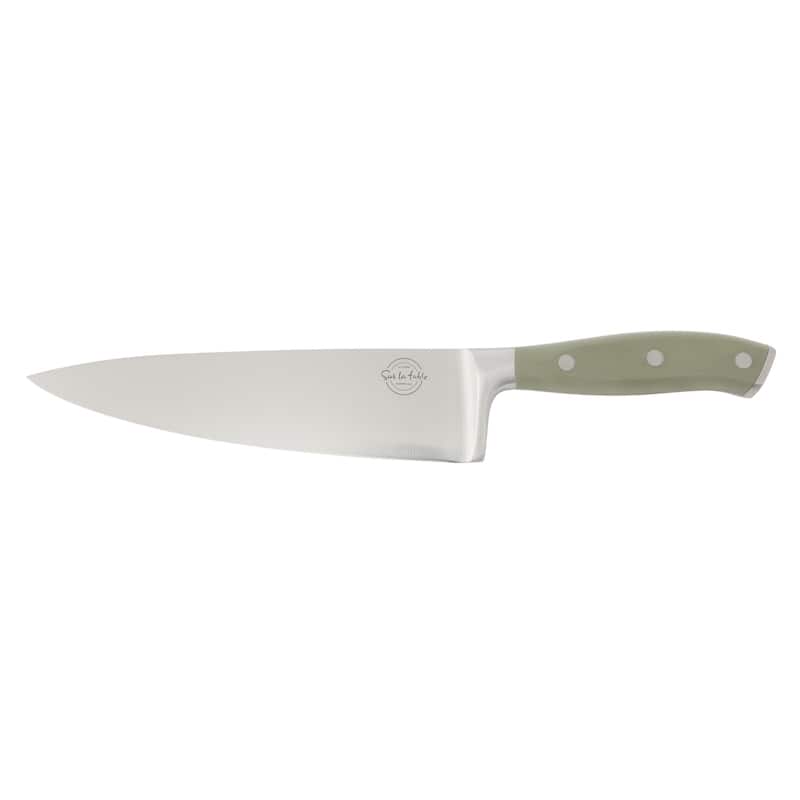 Sur La Table Kitchen Essential German Steel Chef's Knife, 8-Inch Stainless Steel Blade - Forged Full Tang - Juniper Green