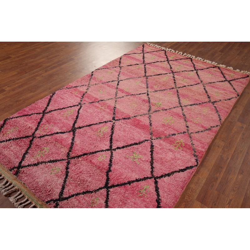 Pink Trellis Plush Moroccan Area Rug Handmade Wool Carpet - 5'3" x 8'10"