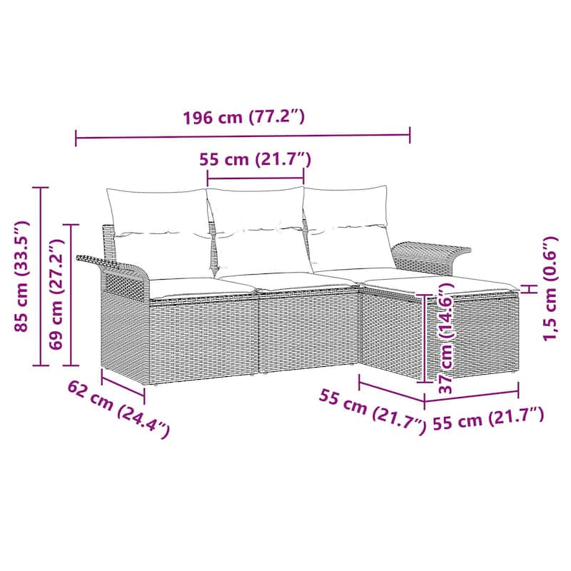 vidaXL 4-Seater Garden Sofa with Cushions Black/Brown/Grey Poly Rattan - 24.4 x 77.2 x 27.2