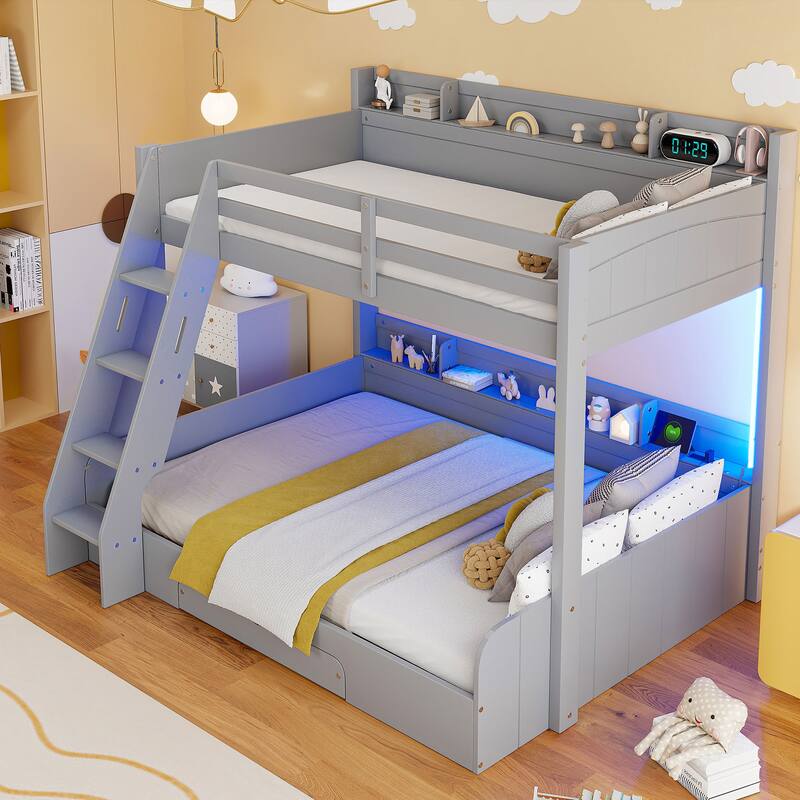 Twin over Full Wooden Bunk Bed with Charging Station, Solid Pinewood LED Storage Bed Frame with Storage Shelves and Drawer