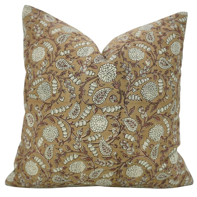 Fabdivine Brown Soft Linen Floral Block Print Pillow Cover for Fall Home Décor Sofa Couch or Farmhouse 14x20 Inch, Shilong