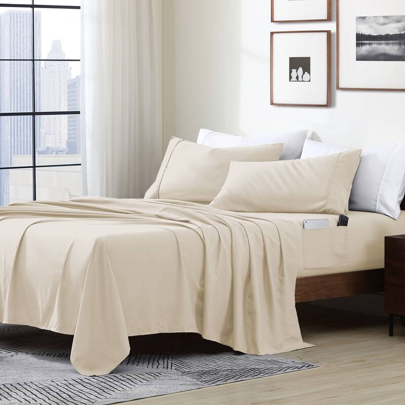 Home Essential Soft Microfiber Smart Sheet Storage Pocket Bedding Sheet Set - Full - Cream