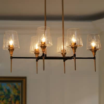Mid-Century Modern 6-Light Black Gold Linear Chandelier Glass Island Lights for Dining Room