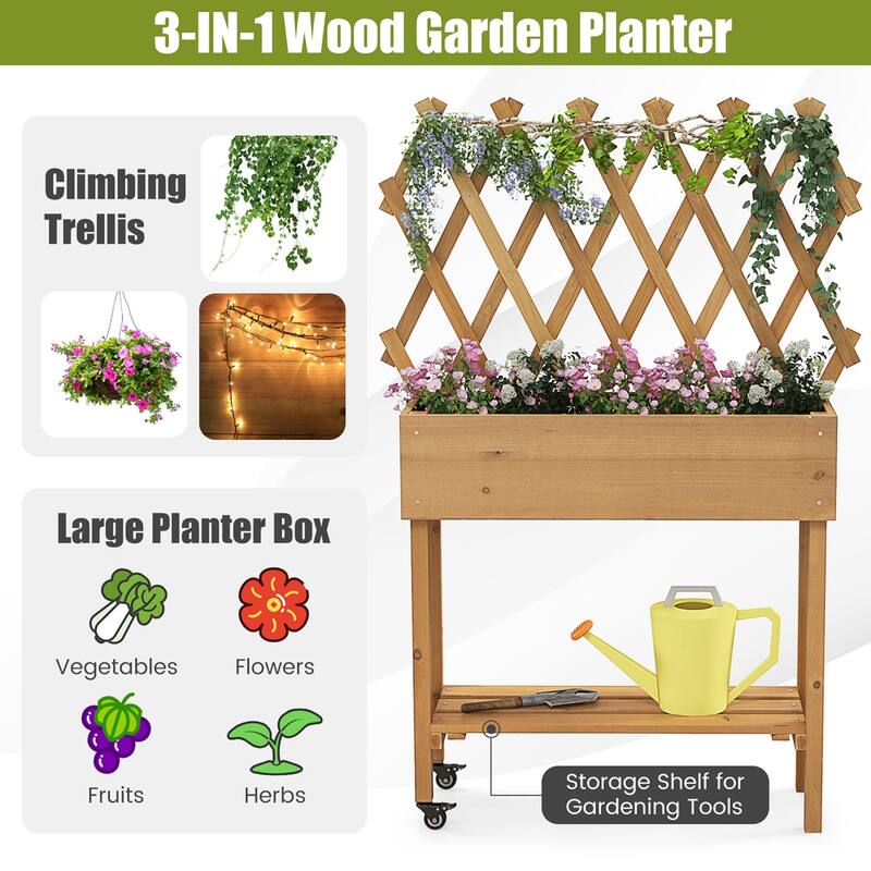 Raised Garden Bed with Trellis Wood Elevated Planter Bed with Legs