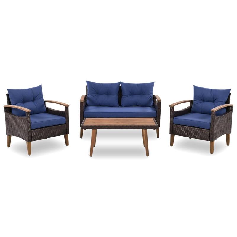 4-Piece PE Rattan Outdoor Sofa Set with Wood Table & Adjustable Legs