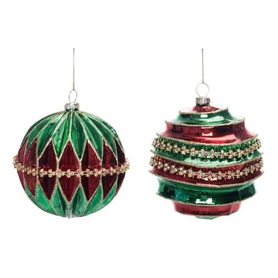 Transpac Glass Red/Green Ornament Set of 2 Christmas Home Decorations - Multicolor