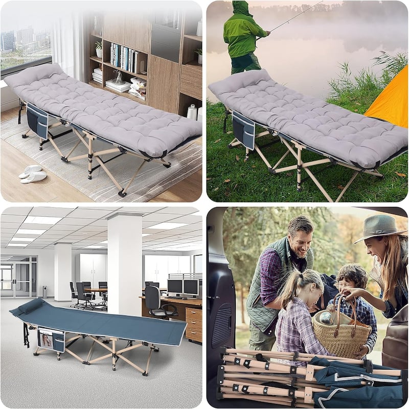 Camping Cot, Folding Camping Cot Folding Cot for Adults with Mattress, Pillow and Side Mesh Holders Holds Weights Up to 500Lbs