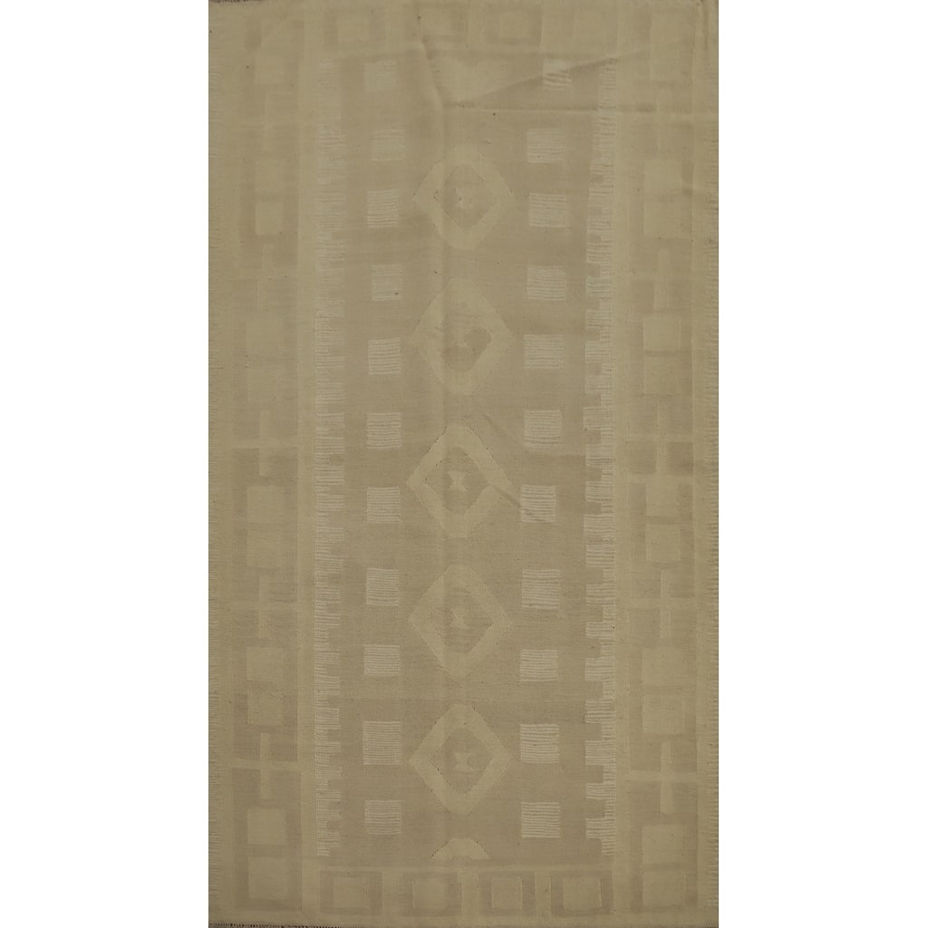 Hand Woven Oriental 100% Wool Carpet Southwestern Tribal Beige & Ivories Kilim Area Rug - 8' 0'' X 4' 8''