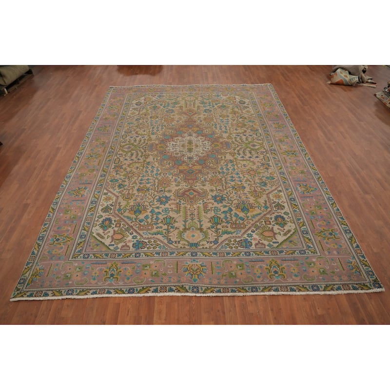 Hand Knotted Oriental 100% Wool Carpet Traditional Floral Brown Tabriz Area Rug - 12' 6'' X 9' 3''