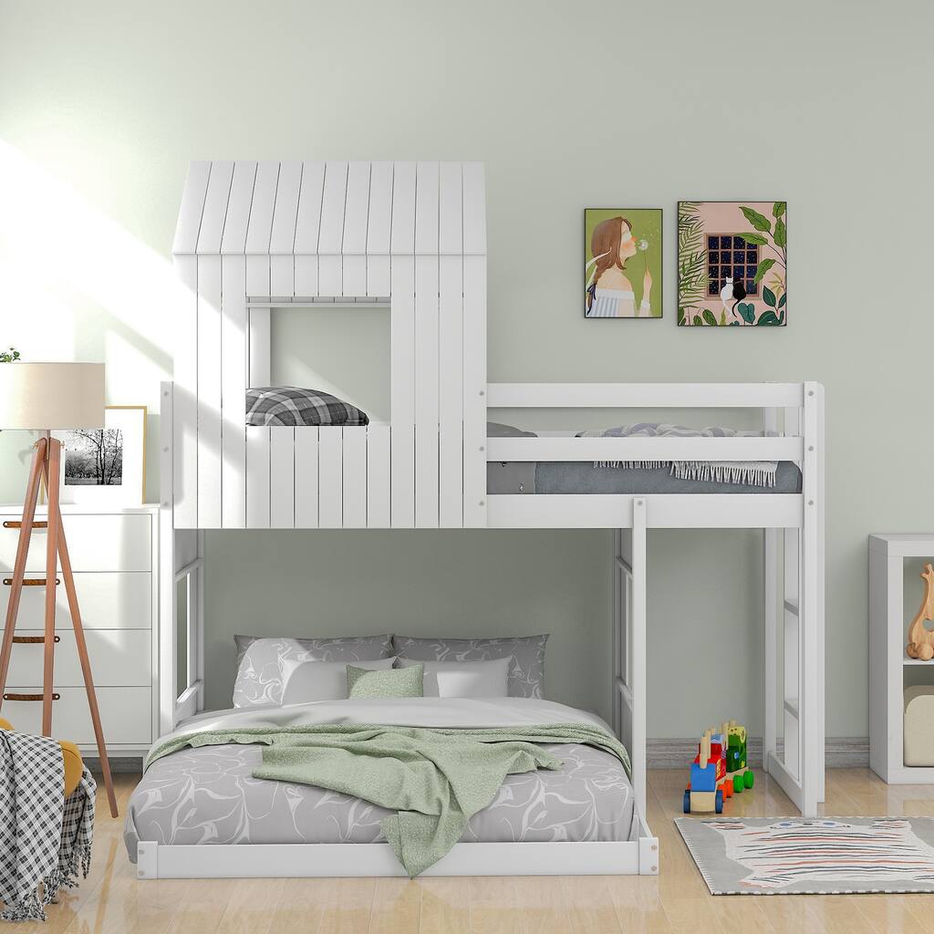 Twin Over Full Bunk Bed with Playhouse Design, Ladder & Guardrails