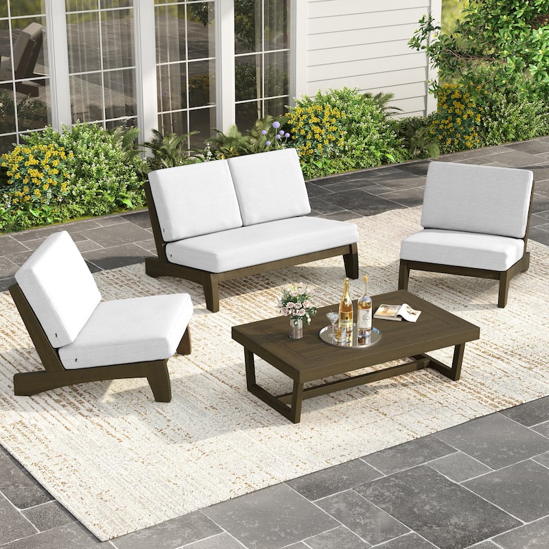 4Piece Wood Outdoor Loveseat Chair Conversation Set with Table Cushion - Natural Wood - Beige