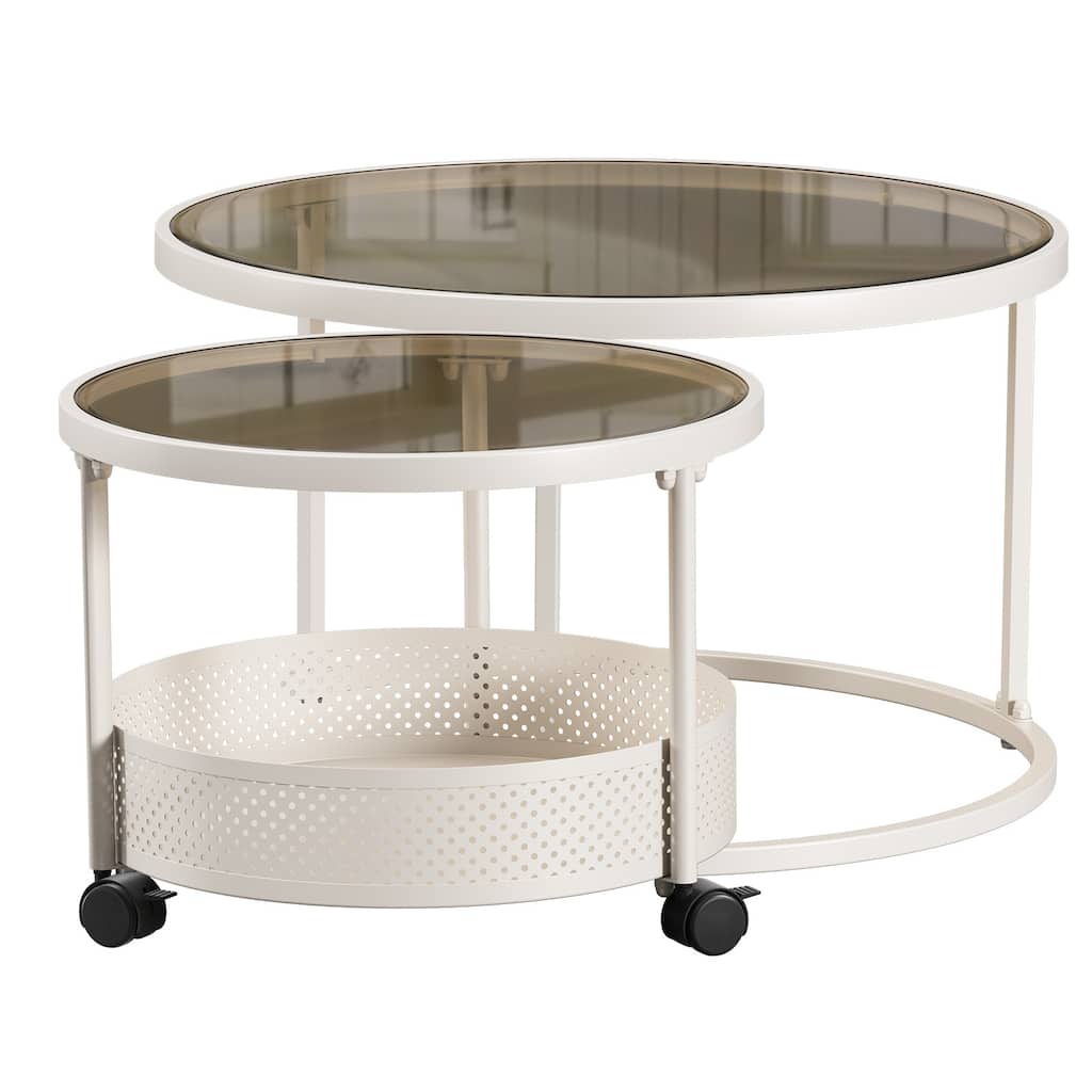 Meyreso Round Tempered Glass Nesting Coffee Tables with Metal Frame
