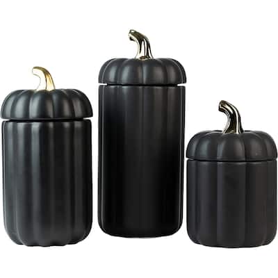 Matte Black & Gold Ceramic Pumpkin Canisters, Set of 3