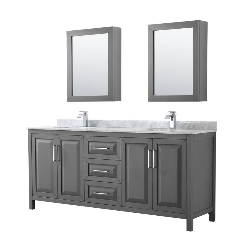 Daria 80-inch Double Vanity, Marble Top, Medicine Cabinets - Dark Gray, Chrome Trim, White Carrara Marble Top