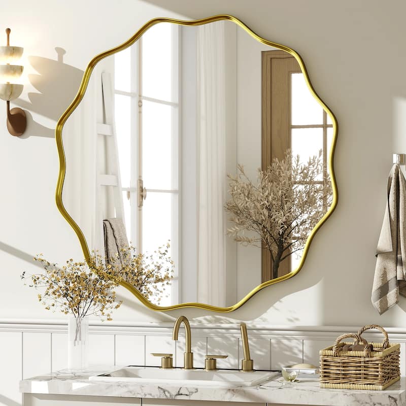 Round Wavy Bathroom Mirror Deep Frame Decorative Mirror Wall-Mounted - 30"x30" - Gold