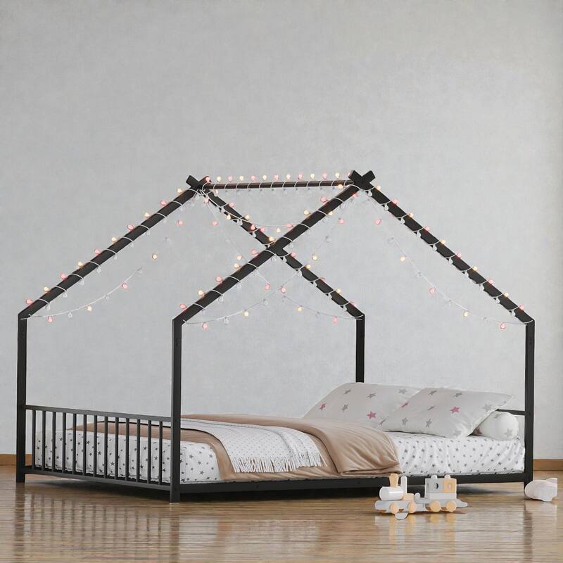 Full Size Kids House Bed Frame with LED Light Strips, Roof-Shaped Metal Floor Bed for Boys & Girls, No Box Spring Needed