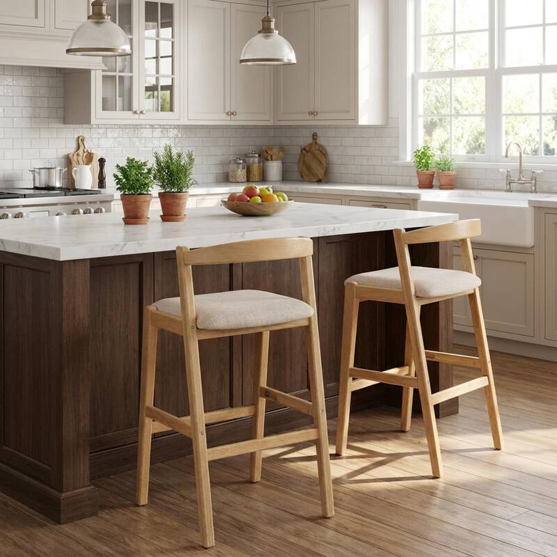 Roomfitters Balmain Indoor Rubberwood Barstools with Cushioned Seat, Set of 2 - Set of 2 - Beige,Natural