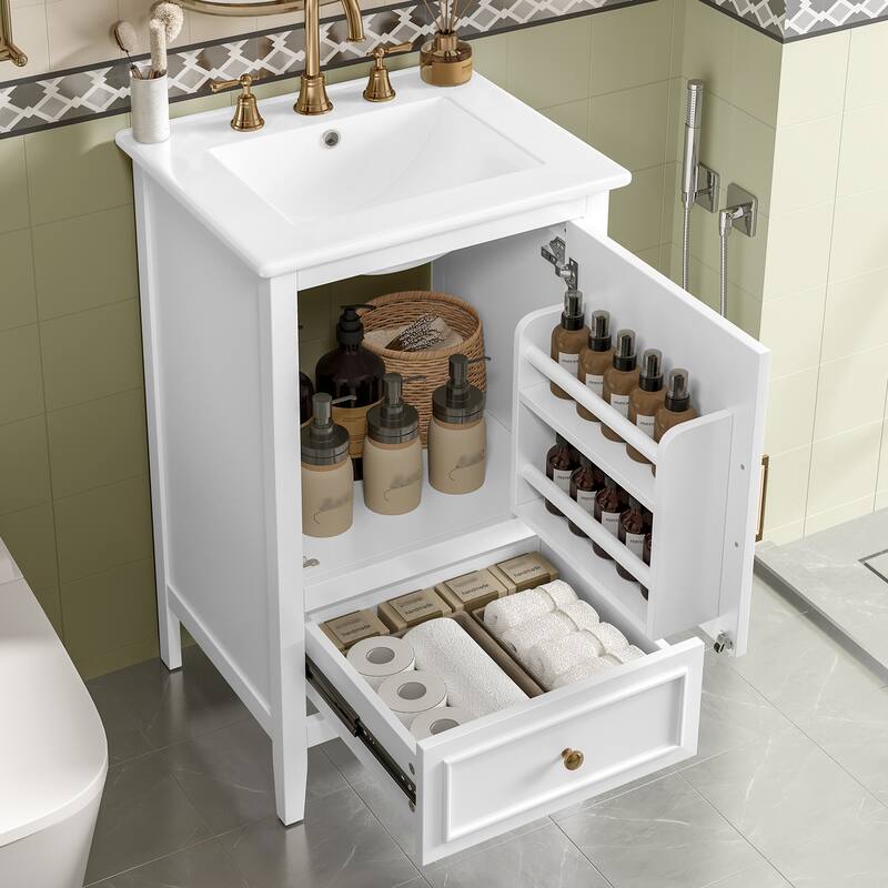20" Bathroom Vanity with Sink, Bathroom Cabinet with A Door, Door Shelf Storage and Adiustable Foot Pads, A Drawer, White - White