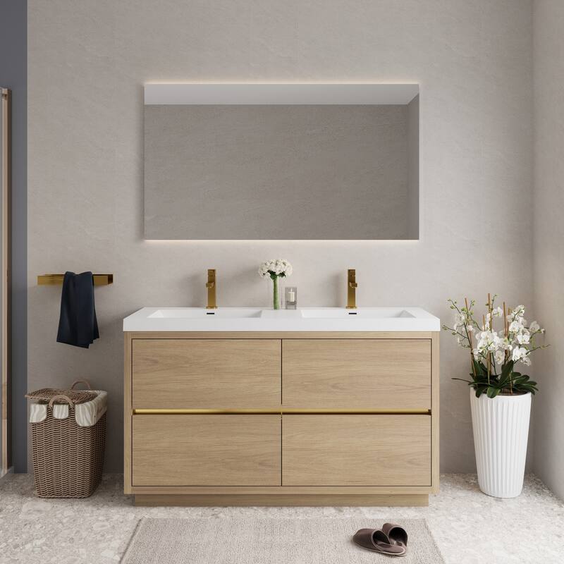 Freestanding Bathroom Vanity with White Stone Resin Top - Natural Oak and White - 59.06'' x 19.69'' x 35.43''