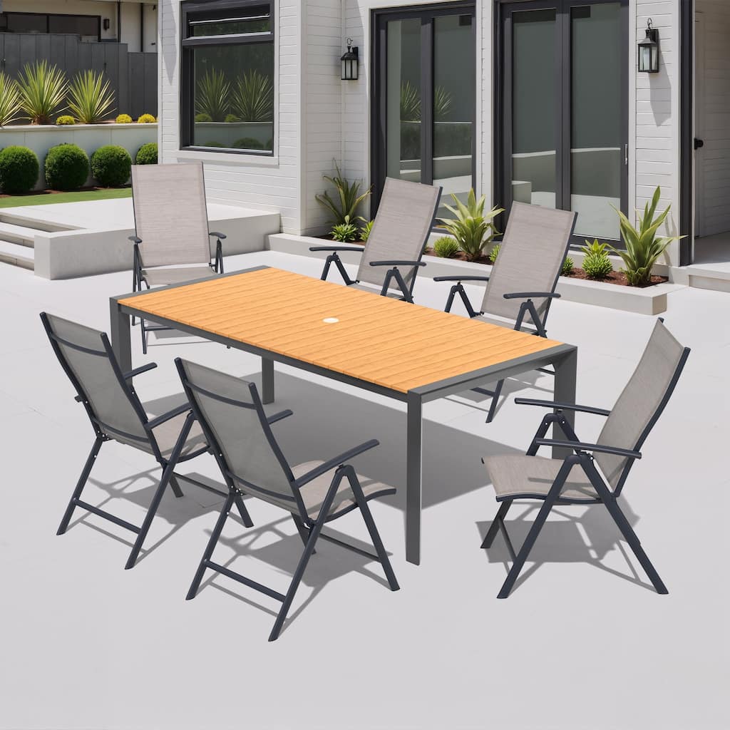 7PCS Set Outdoor Aluminum Patio Dining Table with Umbrella Hole and Folding Dining Chairs