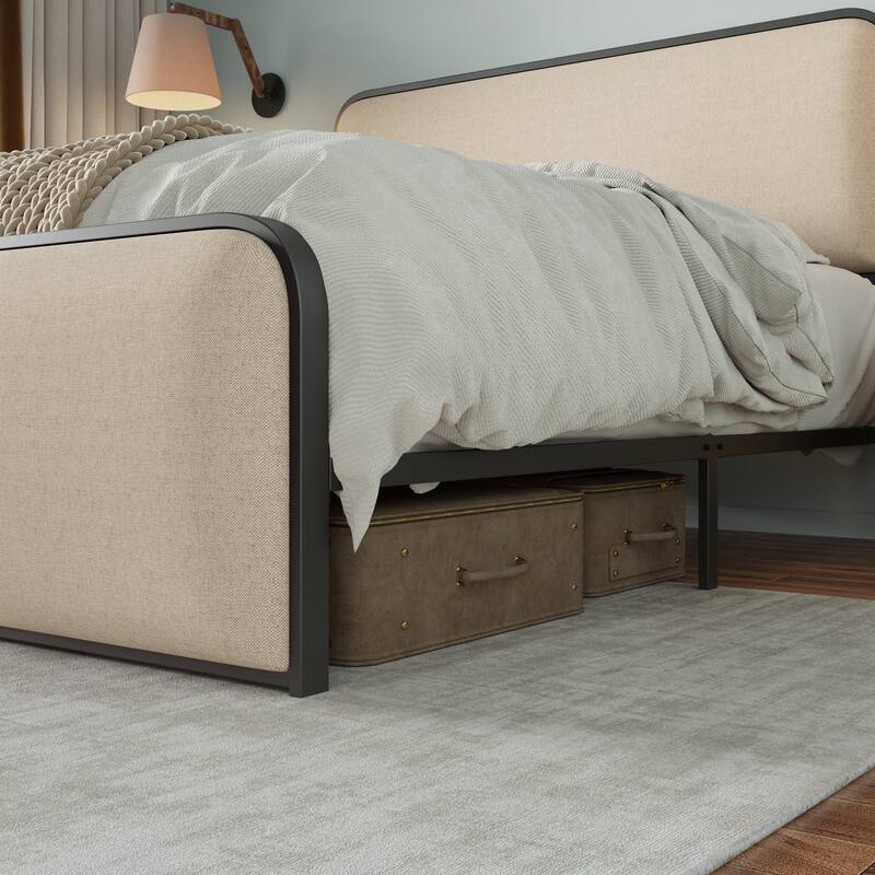 Modern King Size Metal Bed Frame with Upholstered Headboard, Under Bed Storage, 800lbs Capacity, Beige