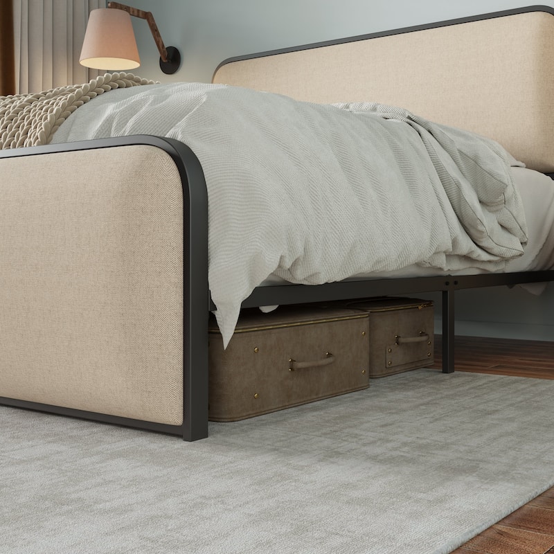 Modern Metal Bed Frame with Curved Upholstered Headboard and Footboard