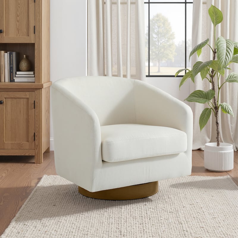 2 Set Modern Wide Round Swivel Accent Barrel Chairs - Cotton Linen - Beige-Single