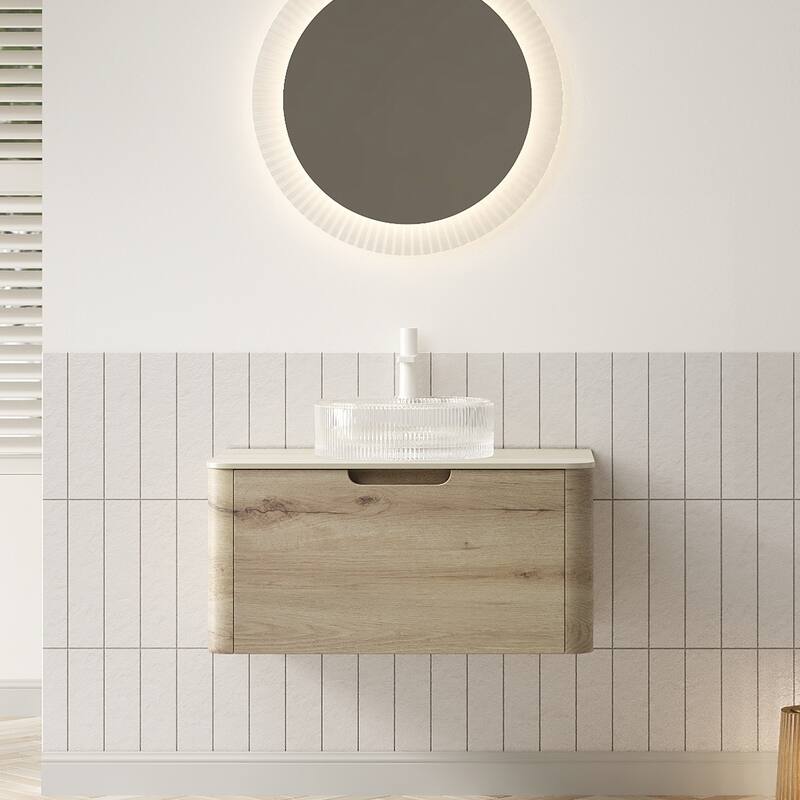 30" Bathroom Vanity with Sink,Plywood Storage Cabinet with Drawer,Transparent Round Glass Basin and Roma Stone Top - White+White Oak