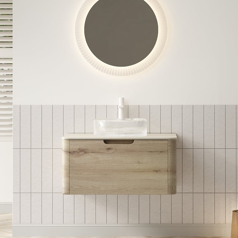 GDFStudio - Xai Floating Bathroom Vanity with Transparent Round Glass Basin, Roma Travertine-Pattern Sintered Stone Top - 30" - White Oak