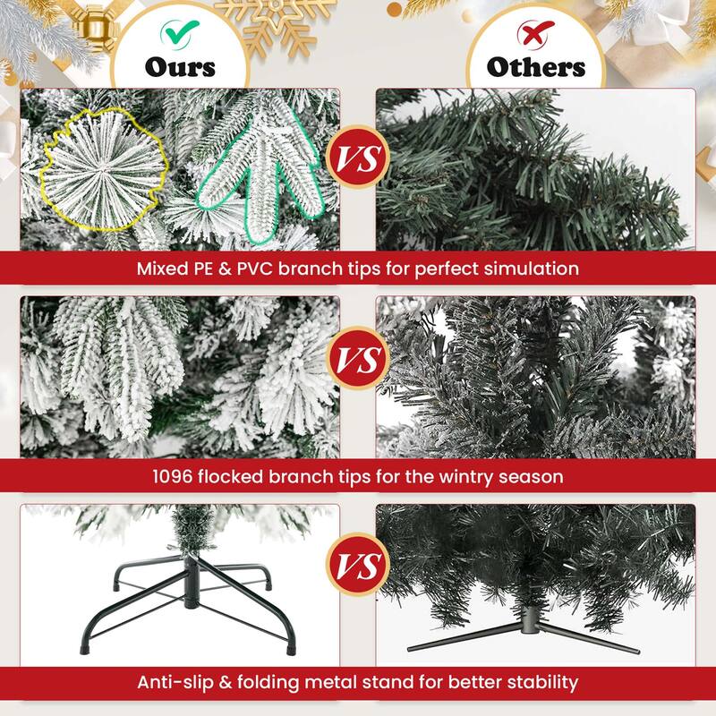 Costway 6/7 FT Pre-Lit Flocked Christmas Tree Hinged Xmas Decoration