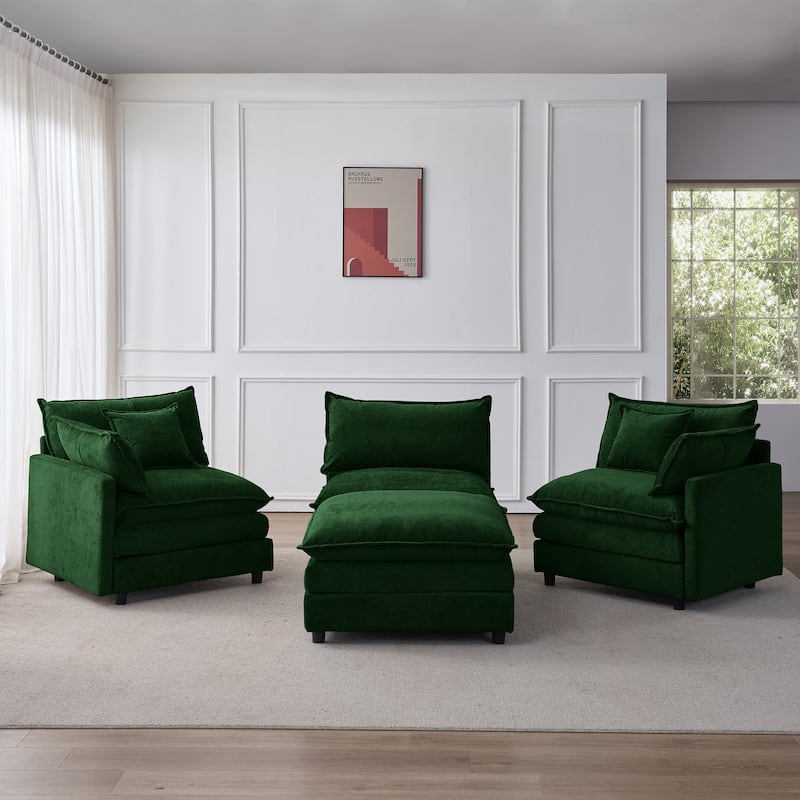 Chenille Upholstered L-shaped Sectional Sofa 3 Seater Modular Couch with Ottoman, Pillows and Double Layer Seat Cushions