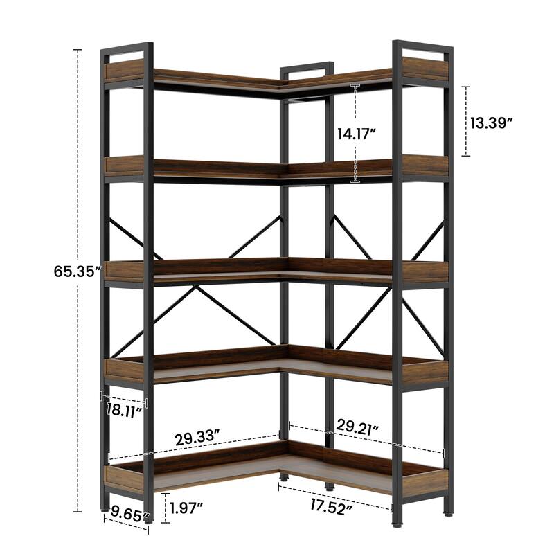 5-Tier Industrial Corner Bookshelf with Metal Frame and Wood Shelves