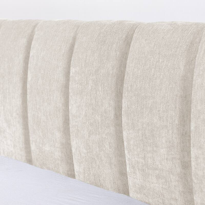 King Upholstered Bed Frame with Storage Drawer, Thick Padded Headboard & Solid Frame in Chenille Fabric