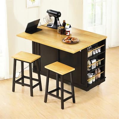 48" Kitchen Island w/2 Bar Stools,Kitchen Storage Cart on 5 Wheels