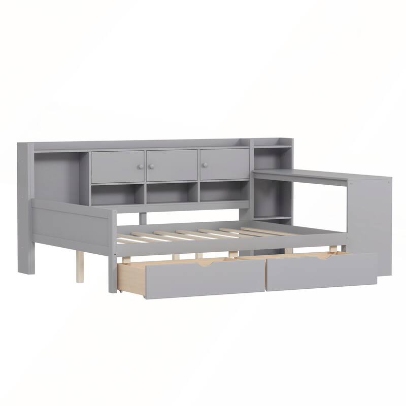 Wooden L-Shape Full Size Daybed with Study Desk and Built-in Bookshelf