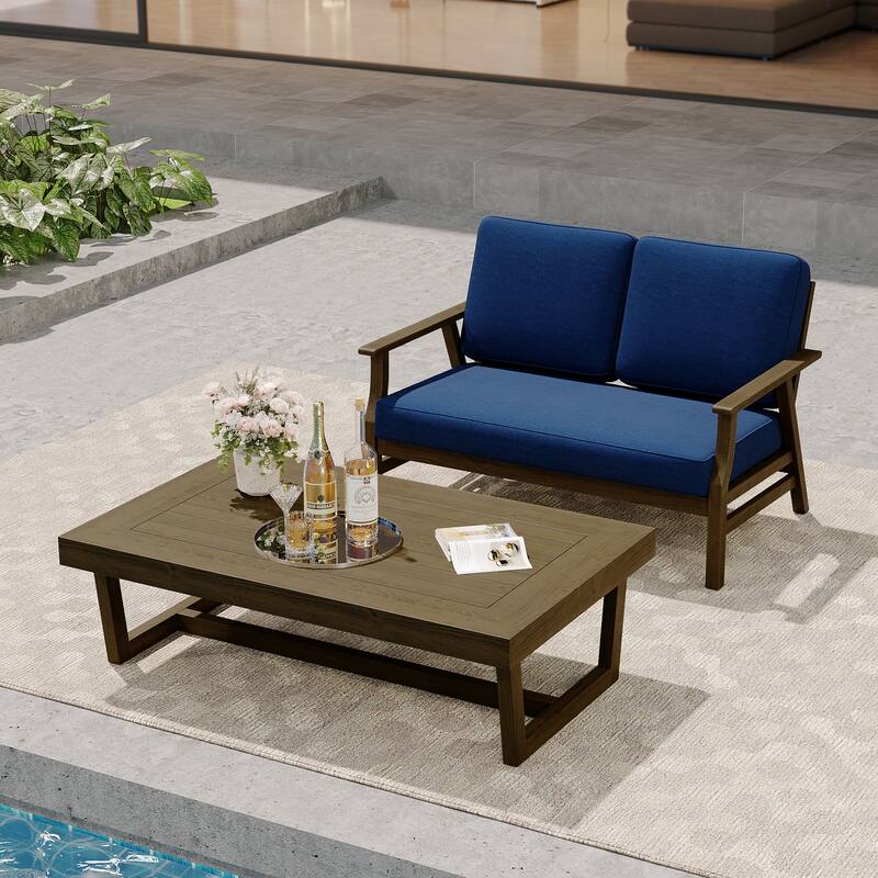 Modern Wood Outdoor Patio Sofa Loveseat with Cushion - Loveseat Set - Navy