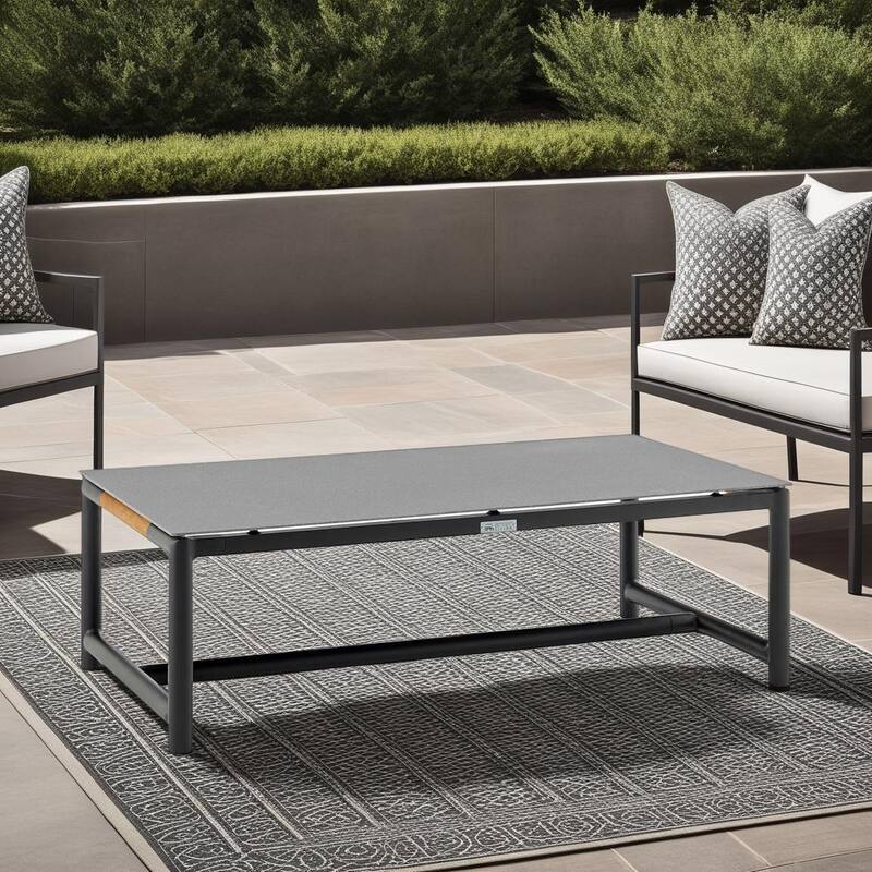 Crown Aluminum and Teak Wood 43" Outdoor Coffee Table in Black