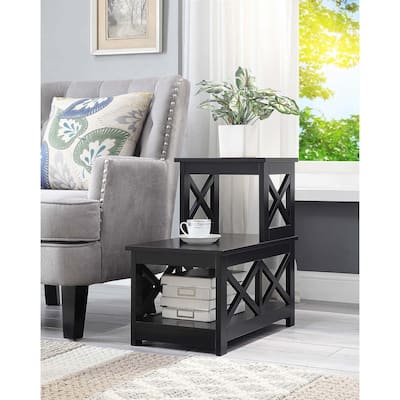 2 Step Chairside End Table with Contemporary L Shaped Frame, Three Tier Storage Shelves, Compact Accent Side Table for Homes