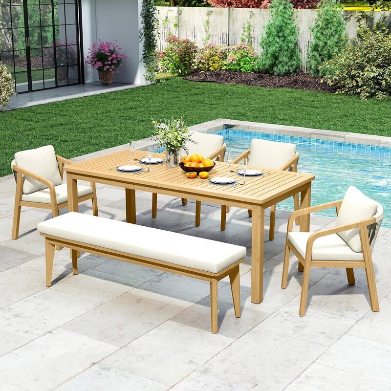 6 Pieces Acacia Patio Dining Set with Dining Table, Chairs, and Bench - N/A