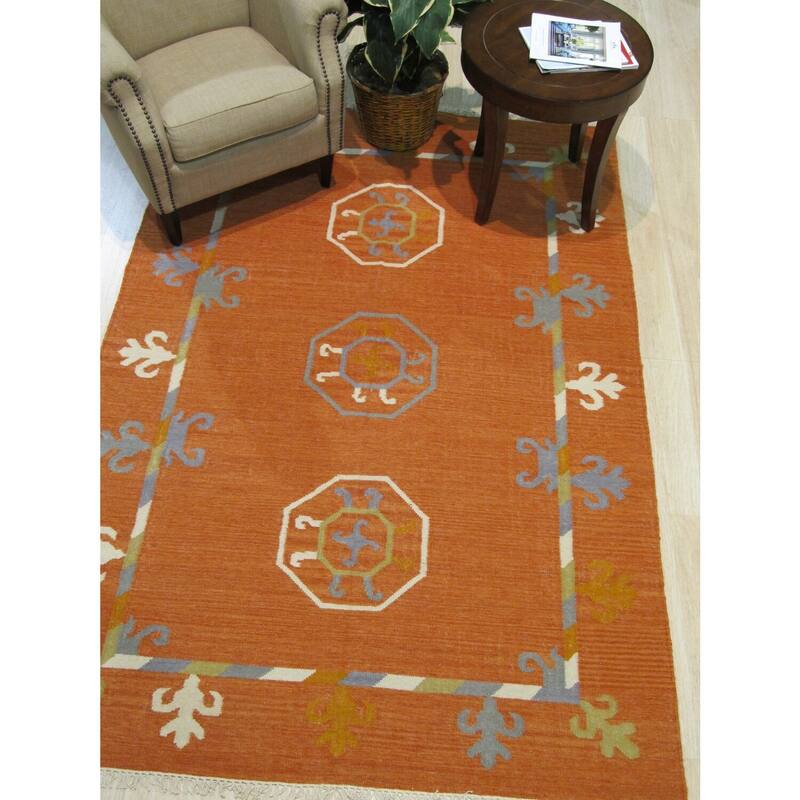 Rust Handmade Wool Traditional Suzani Kilim Rug, 9' x 12' - Bold Suzani pattern in a flatweave wool rug. - N/A