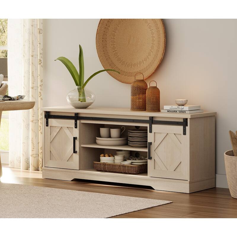 WAMPAT Sliding Barn Door 59-inch Wood TV Stand Storage Cabinet