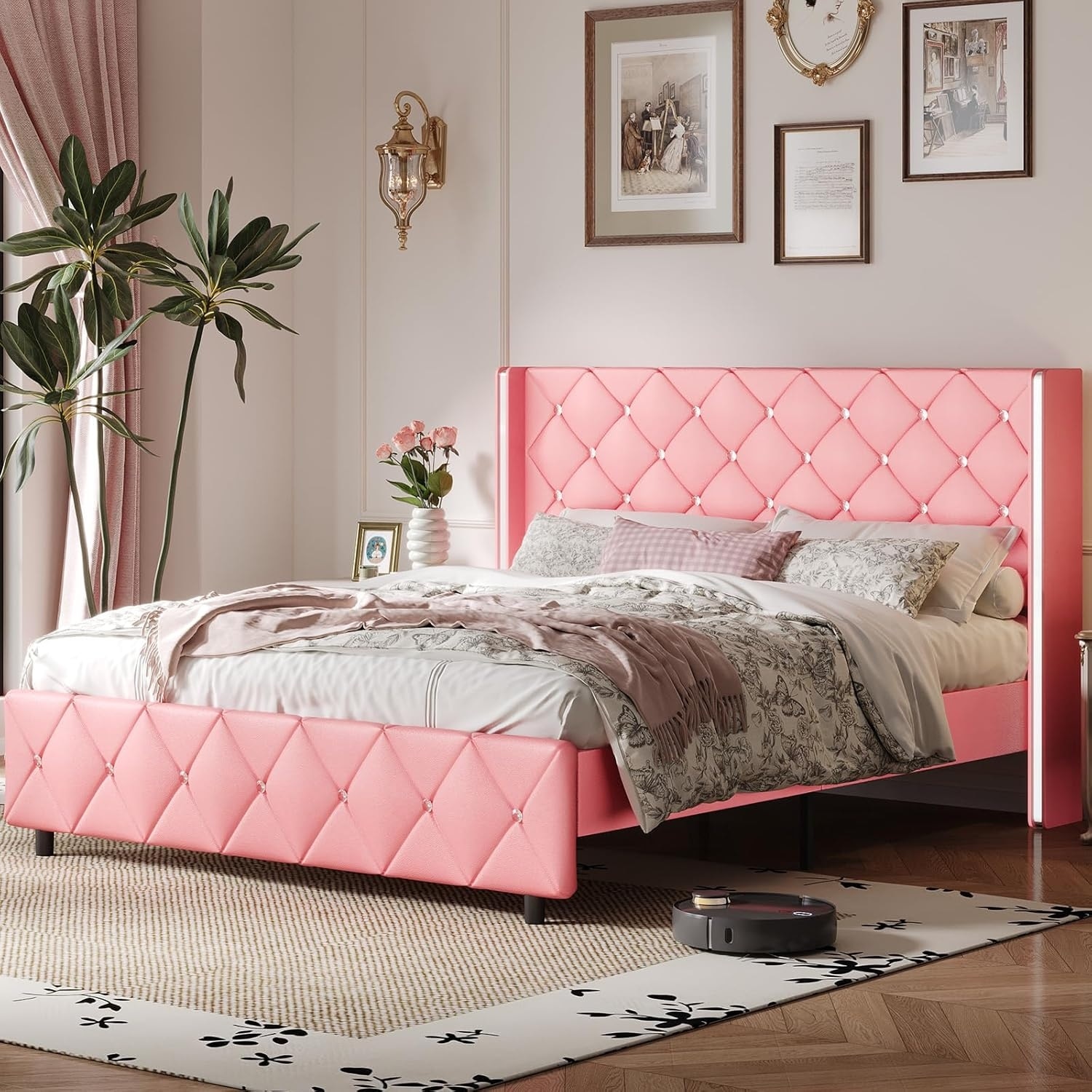 Pink Queen Bed Frame with Upholstered Headboard, Diamond Tufted Design, No Box Spring Needed, Easy Assembly