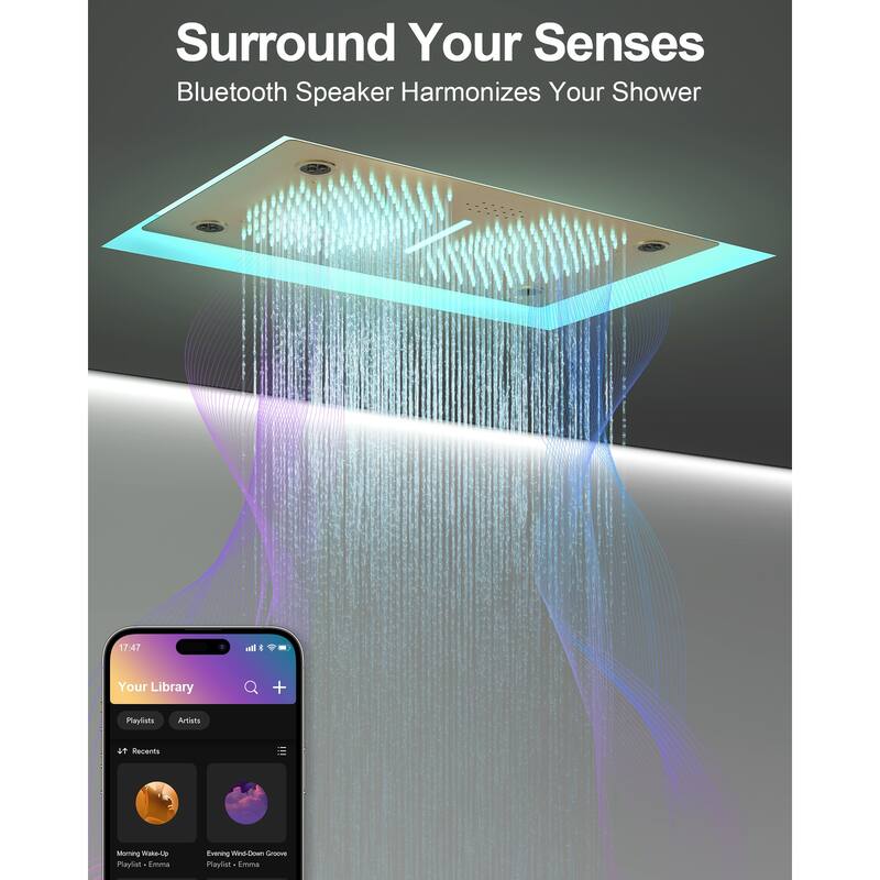 GRANDJOY LED Music Shower System 28"&6" Dual Shower Heads with 3 Body Jets