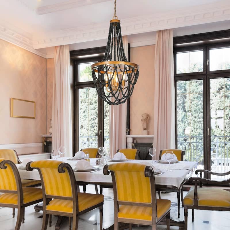 Modern Glam 4-Light Black Gold Wood Beaded Coastal Chandelier Luxury Pendant Ceiling Lights Bedroom Stairwell Dining Room